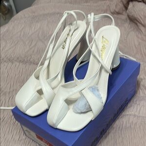 White Strappy Lace up Block Heel Sandals